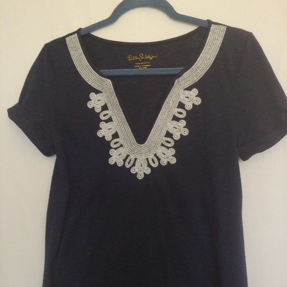 Lilly Pulizer Navy with white yoke stitching pattern short sleeve dress Small - Picture 2 of 12